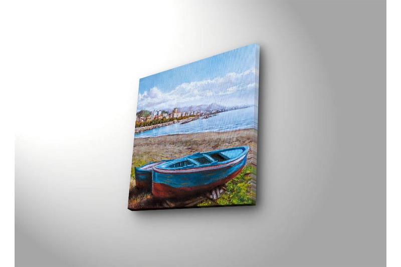 Canvastavla med LED-belysning 40x40 cm - Båt vid strandkanten med en vacker havsutsikt - Blå / Grön / Brun - Inredning & dekor - Tavlor & konst - Canvastavla