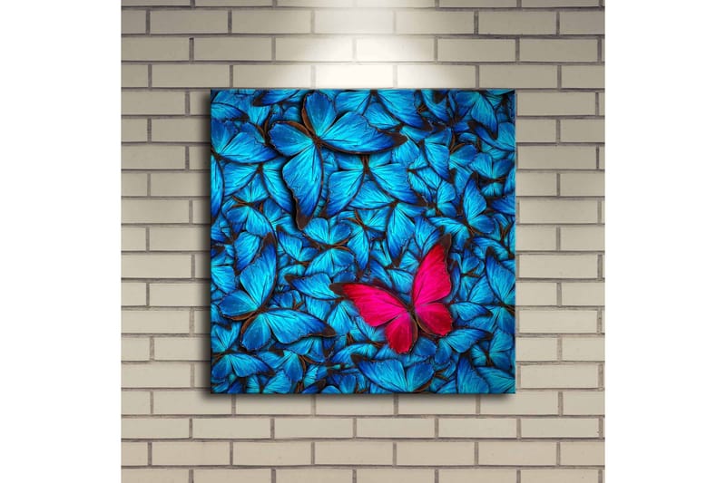 Canvastavla med LED-belysning 40x40 cm - Blåa upplysta fjärliar i bakgrunden med en rosa fjäril - Blå / Rosa / Svart - Inredning & dekor - Tavlor & konst - Canvastavla