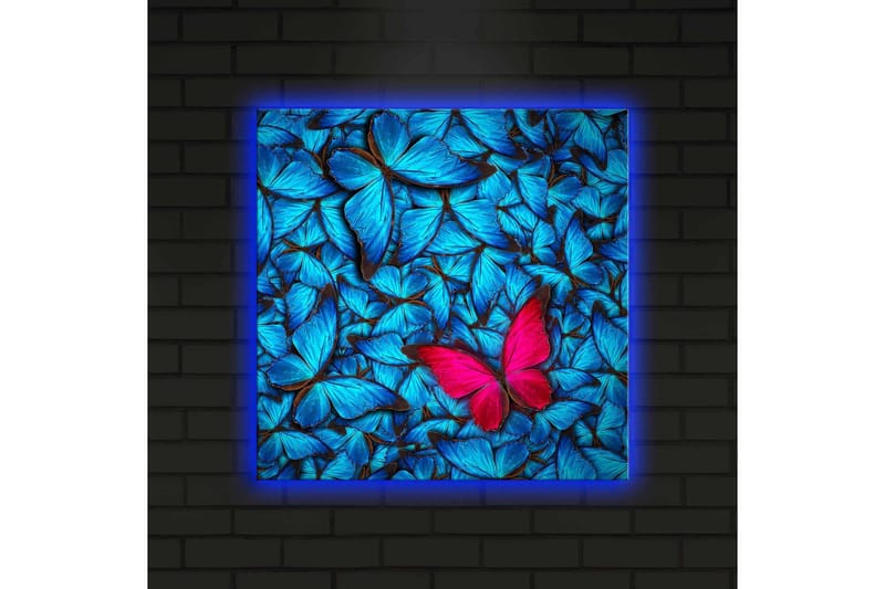 Canvastavla med LED-belysning 40x40 cm - Blåa upplysta fjärliar i bakgrunden med en rosa fjäril - Blå / Rosa / Svart - Inredning & dekor - Tavlor & konst - Canvastavla