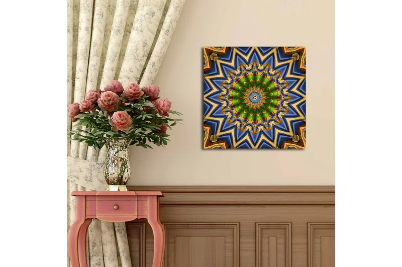 Canvastavla med LED-belysning 40x40 cm - Färgglad mandala med geometriska mönster - Grön / Blå / Guld - Inredning & dekor - Tavlor & konst - Canvastavla