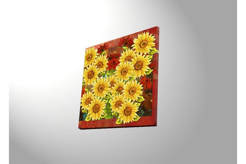 Canvastavla med LED-belysning 40x40 cm - Färgrik bukett av solrosor och röda blommor - Gul / Röd / Grön - Inredning & dekor - Tavlor & konst - Canvastavla