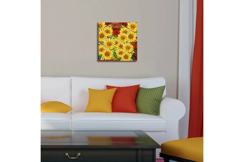 Canvastavla med LED-belysning 40x40 cm - Färgrik bukett av solrosor och röda blommor - Gul / Röd / Grön - Inredning & dekor - Tavlor & konst - Canvastavla
