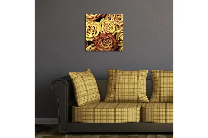 Canvastavla med LED-belysning 40x40 cm - Färgrik samling av rosor i olika nyanser - Guld / Brun / Röd - Inredning & dekor - Tavlor & konst - Canvastavla