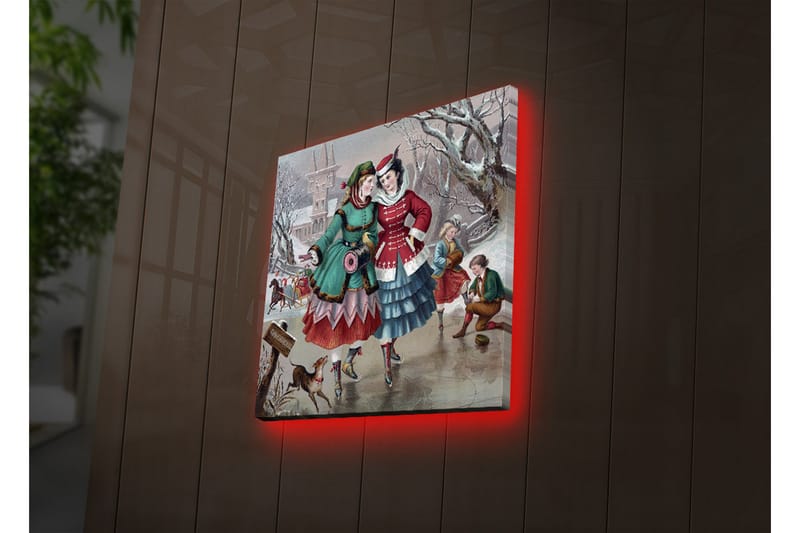 Canvastavla med LED-belysning 40x40 cm - Glada kvinnor i vinterkläder som promenerar i en snöig miljö - Grön / Röd / Blå - Inredning & dekor - Tavlor & konst - Canvastavla
