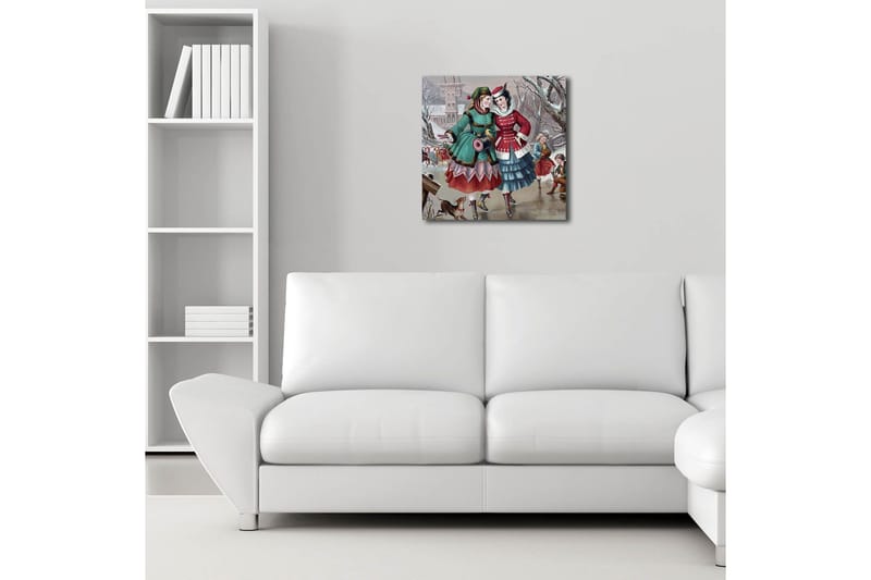 Canvastavla med LED-belysning 40x40 cm - Glada kvinnor i vinterkläder som promenerar i en snöig miljö - Grön / Röd / Blå - Inredning & dekor - Tavlor & konst - Canvastavla