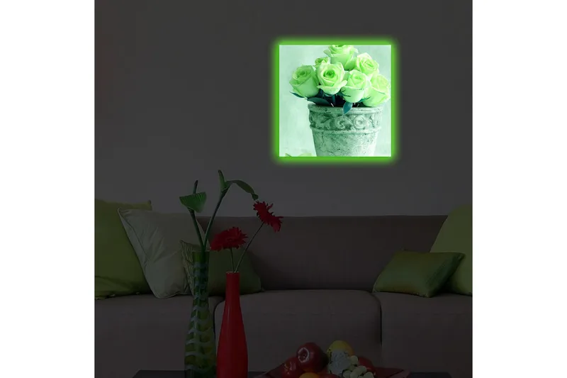 Canvastavla med LED-belysning 40x40 cm - Grönskande rosor i en kruka - Ljusgrön / Grå / Svart - Inredning & dekor - Tavlor & konst - Canvastavla