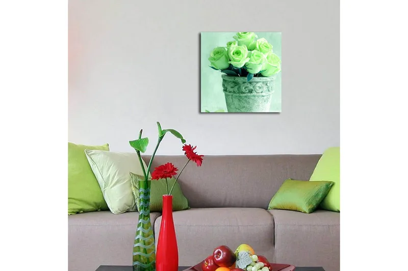 Canvastavla med LED-belysning 40x40 cm - Grönskande rosor i en kruka - Ljusgrön / Grå / Svart - Inredning & dekor - Tavlor & konst - Canvastavla