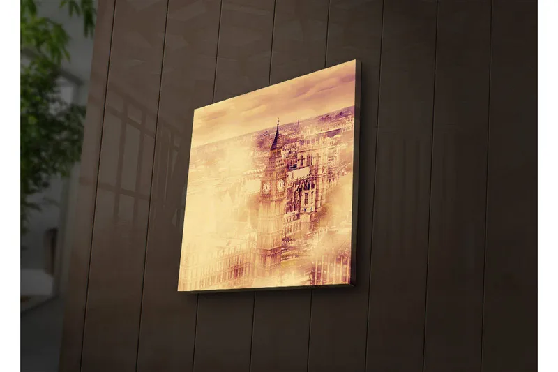 Canvastavla med LED-belysning 40x40 cm - Historisk stadsbild med klocktorn och byggnader - Guld / Beige / Brunt - Inredning & dekor - Tavlor & konst - Canvastavla