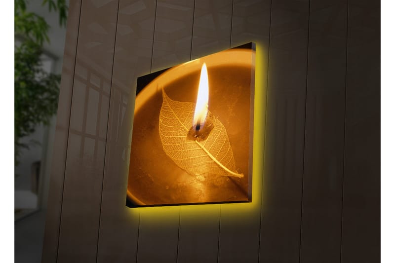 Canvastavla med LED-belysning 40x40 cm - Ljus som brinner över ett blad i en skål - Guld / Brun / Beige - Inredning & dekor - Tavlor & konst - Canvastavla