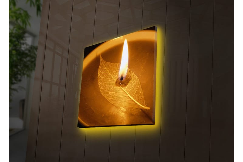 Canvastavla med LED-belysning 40x40 cm - Ljus som brinner över ett blad i en skål - Guld / Brun / Beige - Inredning & dekor - Tavlor & konst - Canvastavla