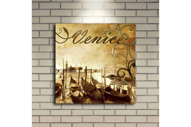 Canvastavla med LED-belysning 40x40 cm - Nostalgisk vy av venetianska gondoler vid en kanal - Brun / Beige / Grön - Inredning & dekor - Tavlor & konst - Canvastavla