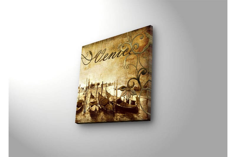 Canvastavla med LED-belysning 40x40 cm - Nostalgisk vy av venetianska gondoler vid en kanal - Brun / Beige / Grön - Inredning & dekor - Tavlor & konst - Canvastavla