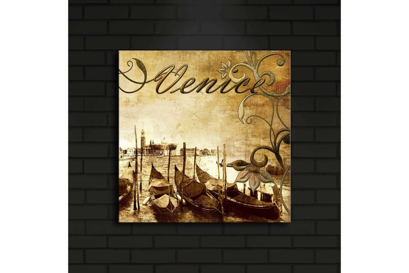 Canvastavla med LED-belysning 40x40 cm - Nostalgisk vy av venetianska gondoler vid en kanal - Brun / Beige / Grön - Inredning & dekor - Tavlor & konst - Canvastavla
