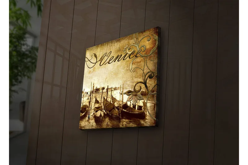 Canvastavla med LED-belysning 40x40 cm - Nostalgisk vy av venetianska gondoler vid en kanal - Brun / Beige / Grön - Inredning & dekor - Tavlor & konst - Canvastavla