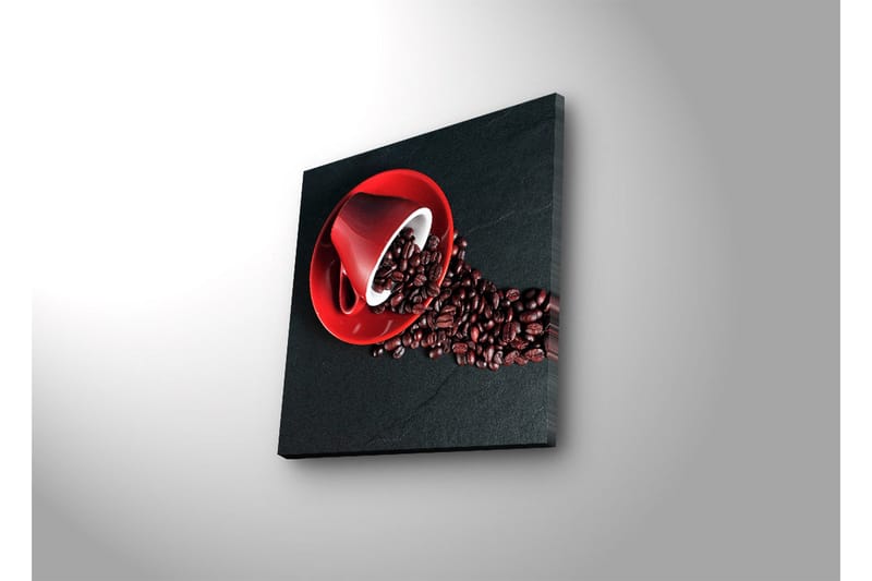 Canvastavla med LED-belysning 40x40 cm - Röd kaffekopp med kaffebönor som sprider sig över en mörk yta - Röd / Svart / Brun - Inredning & dekor - Tavlor & konst - Canvastavla