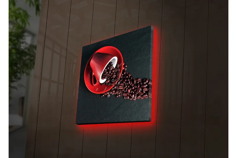 Canvastavla med LED-belysning 40x40 cm - Röd kaffekopp med kaffebönor som sprider sig över en mörk yta - Röd / Svart / Brun - Inredning & dekor - Tavlor & konst - Canvastavla