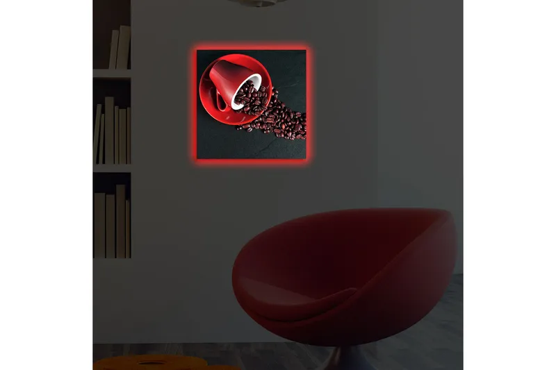 Canvastavla med LED-belysning 40x40 cm - Röd kaffekopp med kaffebönor som sprider sig över en mörk yta - Röd / Svart / Brun - Inredning & dekor - Tavlor & konst - Canvastavla