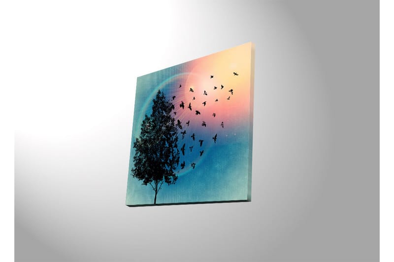 Canvastavla med LED-belysning 40x40 cm - Silhuett av ett träd med svävande fåglar mot en färgglad bakgrund - Blå / Rosa / Grön - Inredning & dekor - Tavlor & konst - Canvastavla