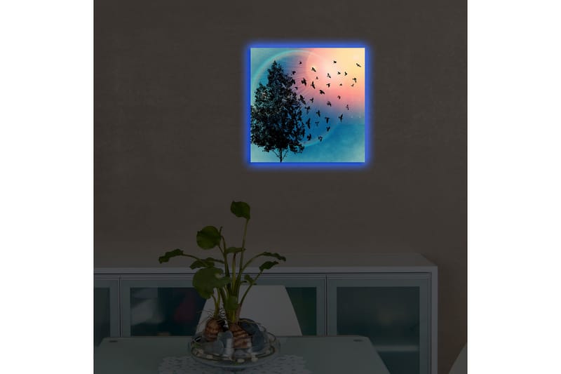 Canvastavla med LED-belysning 40x40 cm - Silhuett av ett träd med svävande fåglar mot en färgglad bakgrund - Blå / Rosa / Grön - Inredning & dekor - Tavlor & konst - Canvastavla