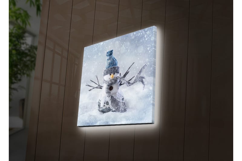 Canvastavla med LED-belysning 40x40 cm - Snögubbe i vinterlandskap med snöfall - Vit / Blå / Grå - Inredning & dekor - Tavlor & konst - Canvastavla