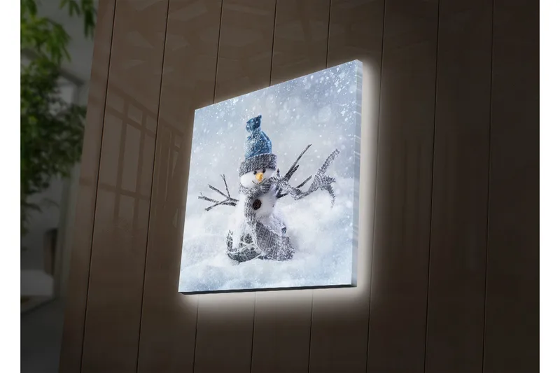 Canvastavla med LED-belysning 40x40 cm - Snögubbe i vinterlandskap med snöfall - Vit / Blå / Grå - Inredning & dekor - Tavlor & konst - Canvastavla