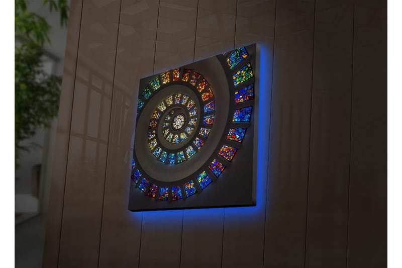 Canvastavla med LED-belysning 40x40 cm - Spiralformad komposition med färgglada glasrutor - Blå / Röd / Grön - Inredning & dekor - Tavlor & konst - Canvastavla