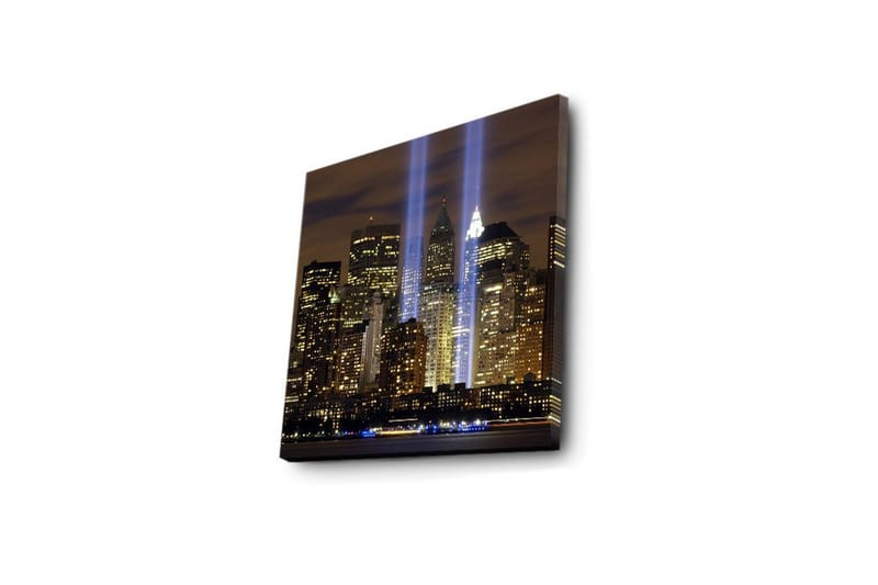 Canvastavla med LED-belysning 40x40 cm - Stadslandskap med ljusstrålar som symboliserar minnet av förlorade liv - Guld / Blå / Svart - Inredning & dekor - Tavlor & konst - Canvastavla