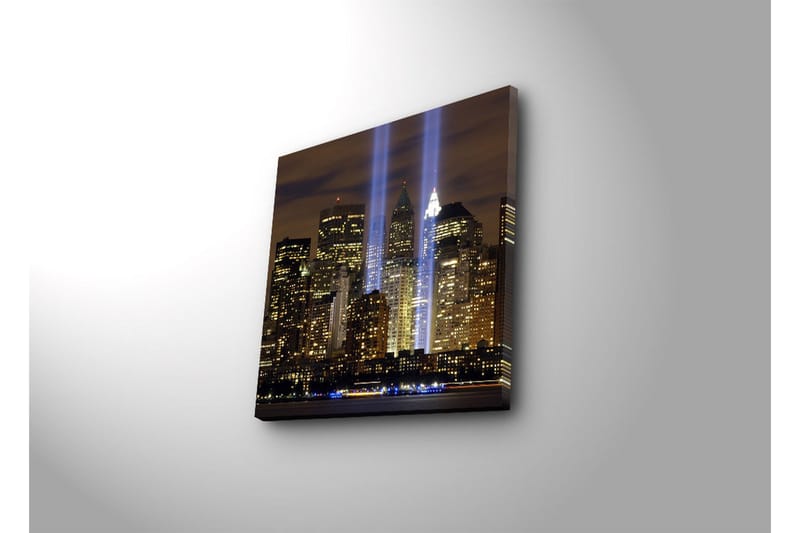 Canvastavla med LED-belysning 40x40 cm - Stadslandskap med ljusstrålar som symboliserar minnet av förlorade liv - Guld / Blå / Svart - Inredning & dekor - Tavlor & konst - Canvastavla