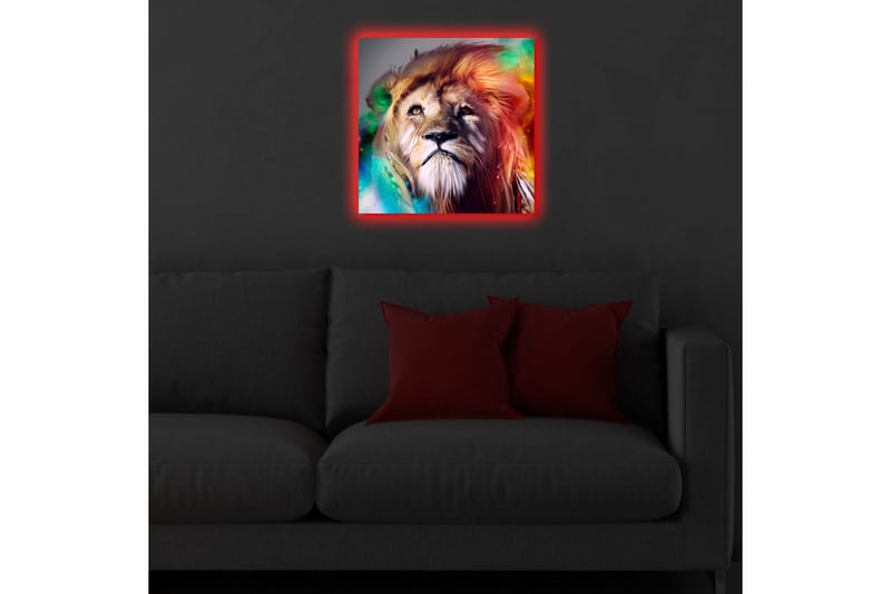 Canvastavla med LED-belysning 40x40 cm - Storslagen lejonhuvud med färgglada detaljer - Guld / Grön / Röd - Inredning & dekor - Tavlor & konst - Canvastavla