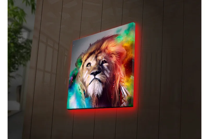 Canvastavla med LED-belysning 40x40 cm - Storslagen lejonhuvud med färgglada detaljer - Guld / Grön / Röd - Inredning & dekor - Tavlor & konst - Canvastavla