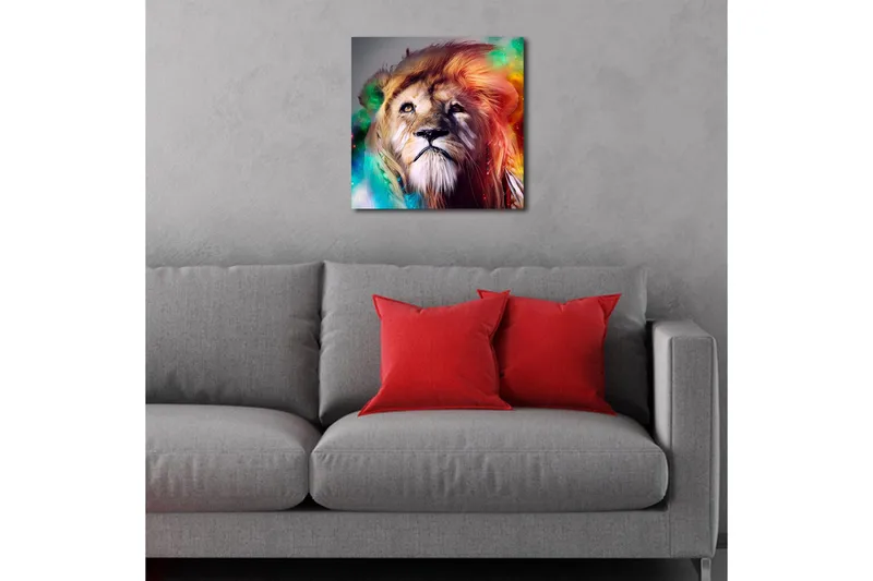 Canvastavla med LED-belysning 40x40 cm - Storslagen lejonhuvud med färgglada detaljer - Guld / Grön / Röd - Inredning & dekor - Tavlor & konst - Canvastavla