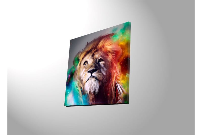 Canvastavla med LED-belysning 40x40 cm - Storslagen lejonhuvud med färgglada detaljer - Guld / Grön / Röd - Inredning & dekor - Tavlor & konst - Canvastavla