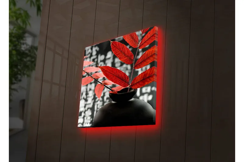 Canvastavla med LED-belysning 40x40 cm - Svart vas med röda blad som kontrasterar mot en mörk bakgrund - Röd / Svart - Inredning & dekor - Tavlor & konst - Canvastavla