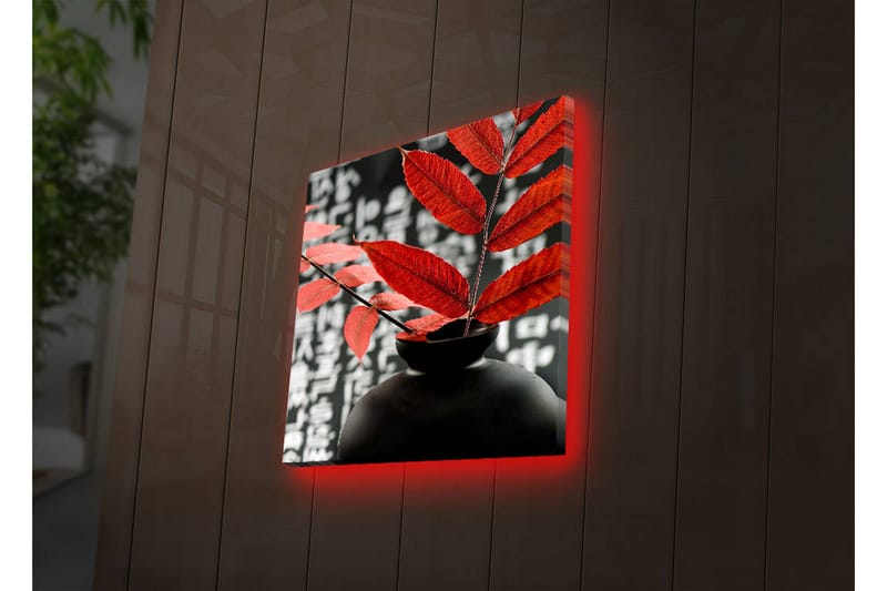 Canvastavla med LED-belysning 40x40 cm - Svart vas med röda blad som kontrasterar mot en mörk bakgrund - Röd / Svart - Inredning & dekor - Tavlor & konst - Canvastavla