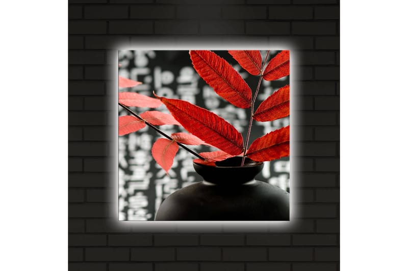 Canvastavla med LED-belysning 40x40 cm - Svart vas med röda blad som kontrasterar mot en mörk bakgrund - Röd / Svart - Inredning & dekor - Tavlor & konst - Canvastavla