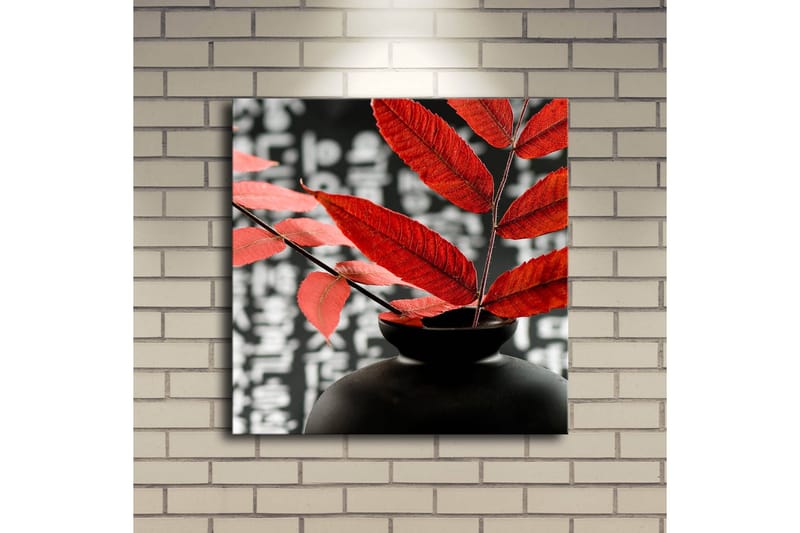 Canvastavla med LED-belysning 40x40 cm - Svart vas med röda blad som kontrasterar mot en mörk bakgrund - Röd / Svart - Inredning & dekor - Tavlor & konst - Canvastavla