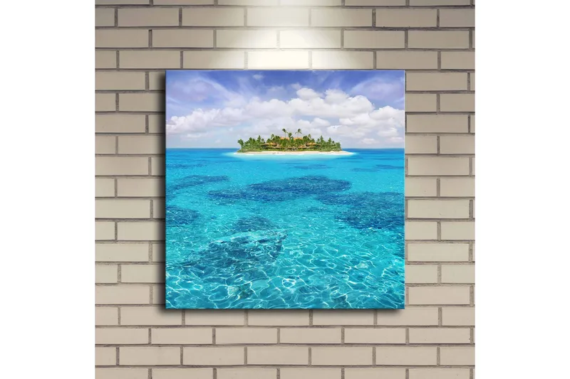 Canvastavla med LED-belysning 40x40 cm - Tropisk ö omgiven av klart blått vatten - Blå / Turkos / Grön - Inredning & dekor - Tavlor & konst - Canvastavla