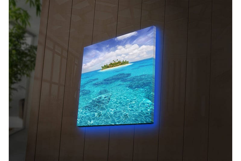 Canvastavla med LED-belysning 40x40 cm - Tropisk ö omgiven av klart blått vatten, Blå / Turkos / Grön