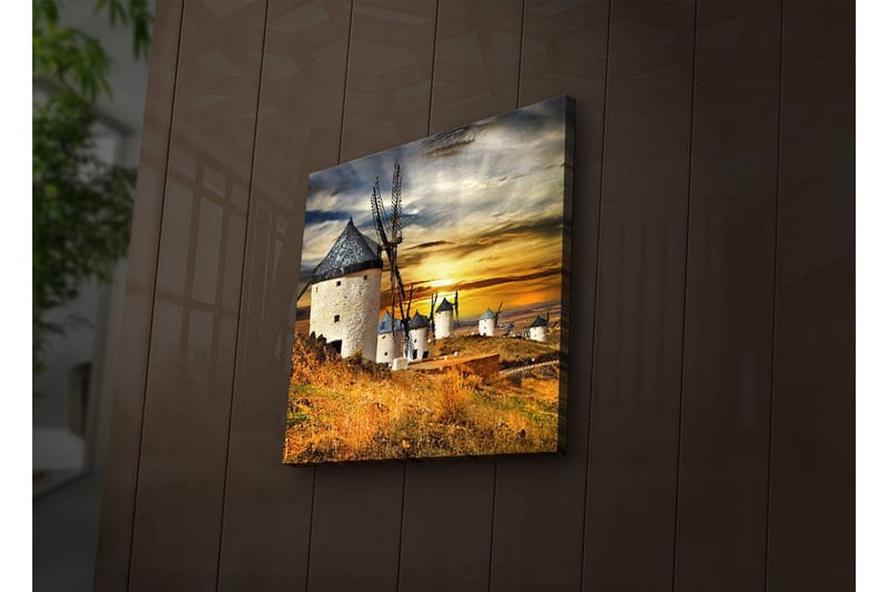 Canvastavla med LED-belysning 40x40 cm - Vindmöllor vid solnedgången över ett gyllene landskap - Guld / Blå / Vit - Inredning & dekor - Tavlor & konst - Canvastavla