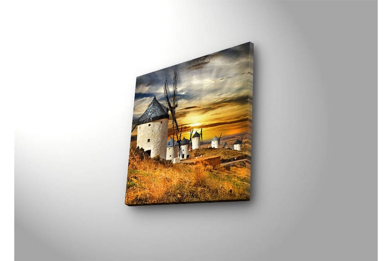 Canvastavla med LED-belysning 40x40 cm - Vindmöllor vid solnedgången över ett gyllene landskap - Guld / Blå / Vit - Inredning & dekor - Tavlor & konst - Canvastavla