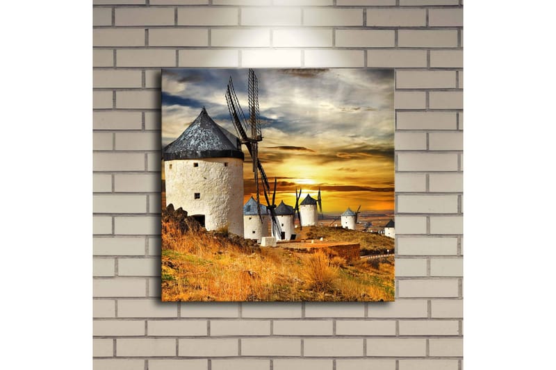 Canvastavla med LED-belysning 40x40 cm - Vindmöllor vid solnedgången över ett gyllene landskap - Guld / Blå / Vit - Inredning & dekor - Tavlor & konst - Canvastavla