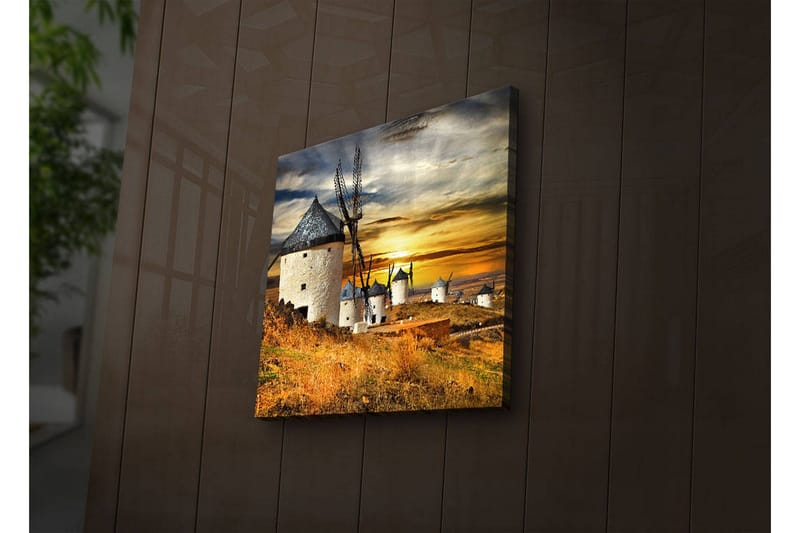 Canvastavla med LED-belysning 40x40 cm - Vindmöllor vid solnedgången över ett gyllene landskap - Guld / Blå / Vit - Inredning & dekor - Tavlor & konst - Canvastavla
