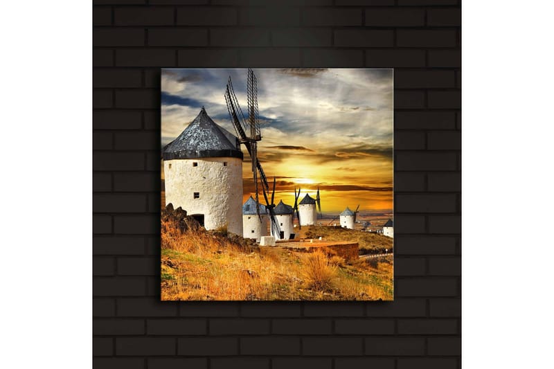 Canvastavla med LED-belysning 40x40 cm - Vindmöllor vid solnedgången över ett gyllene landskap - Guld / Blå / Vit - Inredning & dekor - Tavlor & konst - Canvastavla