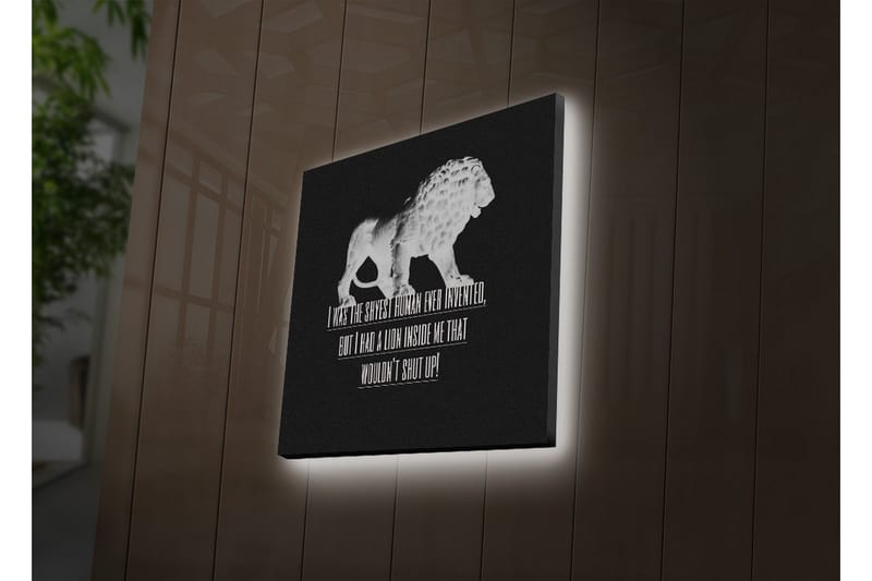 Canvastavla med LED-belysning 40x40 cm - Vit lejonfigur mot svart bakgrund med inspirerande text - Vit / Svart - Inredning & dekor - Tavlor & konst - Canvastavla