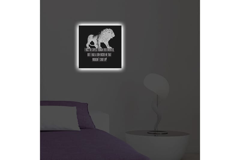 Canvastavla med LED-belysning 40x40 cm - Vit lejonfigur mot svart bakgrund med inspirerande text - Vit / Svart - Inredning & dekor - Tavlor & konst - Canvastavla