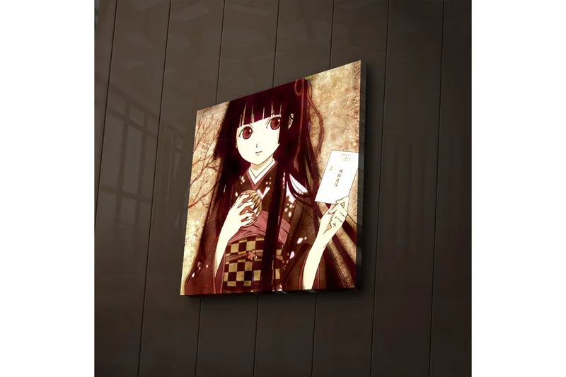 Canvastavla med LED-belysning 40x40 cm - Porträtt av en ung kvinna i traditionell klädsel med en kopp och ett brev i handen - Mörkröd / Beige / Svart - Inredning & dekor - Tavlor & konst - Canvastavla