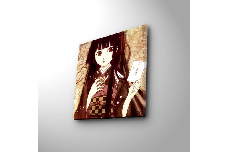 Canvastavla med LED-belysning 40x40 cm - Porträtt av en ung kvinna i traditionell klädsel med en kopp och ett brev i handen - Mörkröd / Beige / Svart - Inredning & dekor - Tavlor & konst - Canvastavla