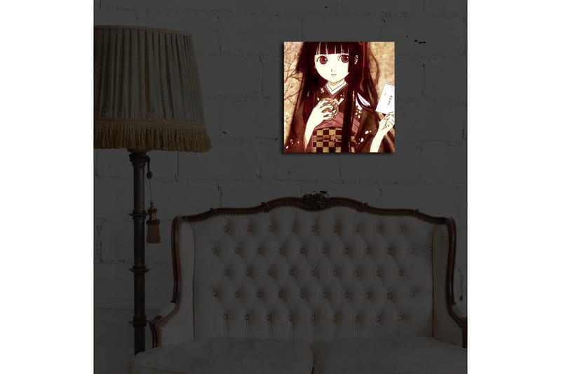 Canvastavla med LED-belysning 40x40 cm - Porträtt av en ung kvinna i traditionell klädsel med en kopp och ett brev i handen - Mörkröd / Beige / Svart - Inredning & dekor - Tavlor & konst - Canvastavla