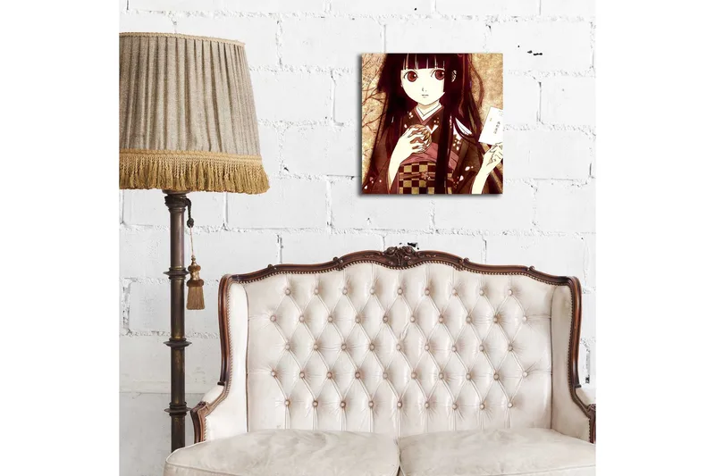 Canvastavla med LED-belysning 40x40 cm - Porträtt av en ung kvinna i traditionell klädsel med en kopp och ett brev i handen - Mörkröd / Beige / Svart - Inredning & dekor - Tavlor & konst - Canvastavla