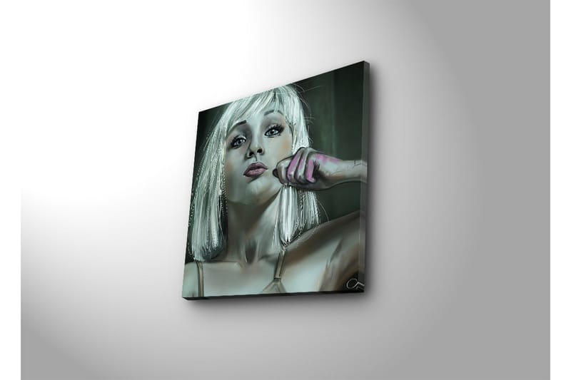 Canvastavla med LED-belysning 40x40 cm - Porträtt av en kvinna med blont hår och en självsäker pose - Ljusgrå / Rosa / Mörkgrön - Inredning & dekor - Tavlor & konst - Canvastavla